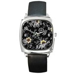 Black Background With Gray Flowers, Floral Black Texture Square Metal Watch