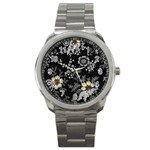 Black Background With Gray Flowers, Floral Black Texture Sport Metal Watch