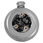 Black Background With Gray Flowers, Floral Black Texture Round Hip Flask (5 oz)