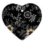 Black Background With Gray Flowers, Floral Black Texture Heart Ornament (Two Sides)