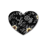 Black Background With Gray Flowers, Floral Black Texture Rubber Coaster (Heart)