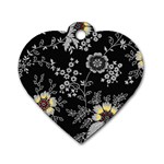 Black Background With Gray Flowers, Floral Black Texture Dog Tag Heart (One Side)