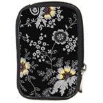 Black Background With Gray Flowers, Floral Black Texture Compact Camera Leather Case