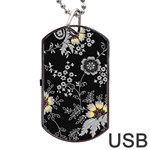 Black Background With Gray Flowers, Floral Black Texture Dog Tag USB Flash (Two Sides)