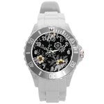 Black Background With Gray Flowers, Floral Black Texture Round Plastic Sport Watch (L)