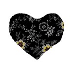 Black Background With Gray Flowers, Floral Black Texture Standard 16  Premium Flano Heart Shape Cushions