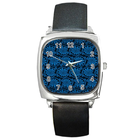 Blue Floral Pattern Floral Greek Ornaments Square Metal Watch from UrbanLoad.com Front