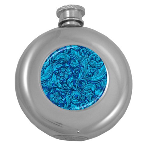 Blue Floral Pattern Texture, Floral Ornaments Texture Round Hip Flask (5 oz) from UrbanLoad.com Front