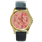 Paisley Red Ornament Texture Round Gold Metal Watch