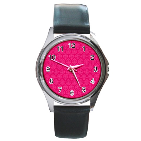 Pink Pattern, Abstract, Background, Bright Round Metal Watch from UrbanLoad.com Front