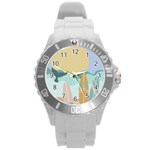 Beach Sea Surfboards Water Sand Drawing  Boho Bohemian Nature Round Plastic Sport Watch (L)