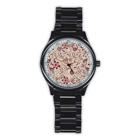 Violet Floral Pattern Flowers Vintage Flora Patterns Stainless Steel Round Watch from UrbanLoad.com Front
