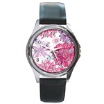 Violet Floral Pattern Round Metal Watch
