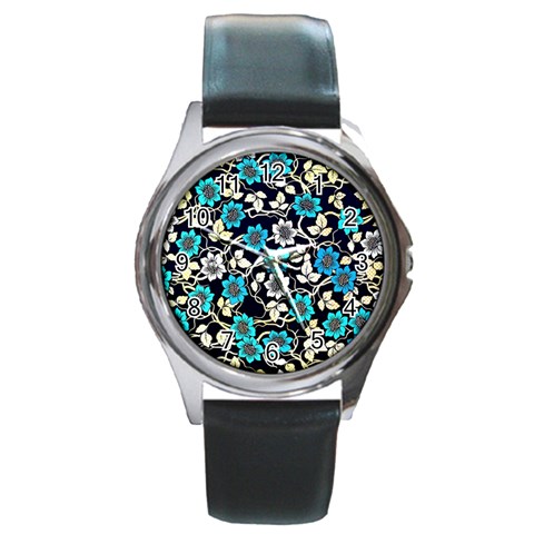 Blue Flower Floral Flora Naure Pattern Round Metal Watch from UrbanLoad.com Front