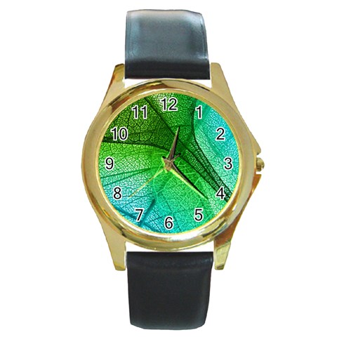 3d Leaves Texture Sheet Blue Green Round Gold Metal Watch from UrbanLoad.com Front