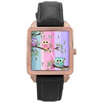 Owls Family Stripe Tree Rose Gold Leather Watch 