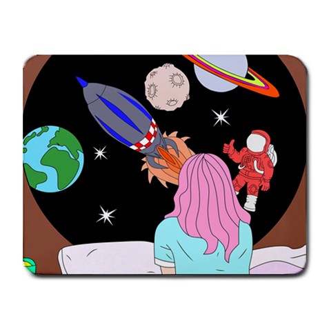 Girl Bed Space Planets Spaceship Rocket Astronaut Galaxy Universe Cosmos Woman Dream Imagination Bed Small Mousepad from UrbanLoad.com Front