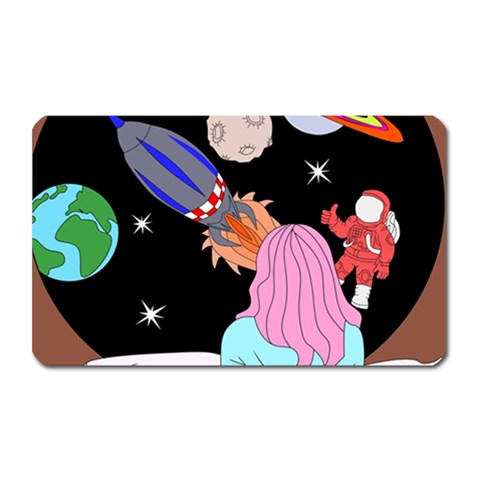 Girl Bed Space Planets Spaceship Rocket Astronaut Galaxy Universe Cosmos Woman Dream Imagination Bed Magnet (Rectangular) from UrbanLoad.com Front