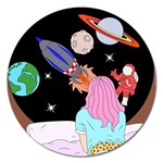 Girl Bed Space Planets Spaceship Rocket Astronaut Galaxy Universe Cosmos Woman Dream Imagination Bed Magnet 5  (Round)