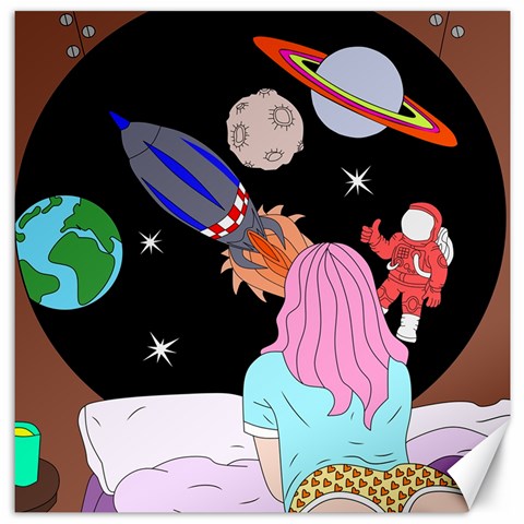 Girl Bed Space Planets Spaceship Rocket Astronaut Galaxy Universe Cosmos Woman Dream Imagination Bed Canvas 16  x 16  from UrbanLoad.com 15.2 x15.41  Canvas - 1