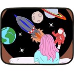 Girl Bed Space Planets Spaceship Rocket Astronaut Galaxy Universe Cosmos Woman Dream Imagination Bed Two Sides Fleece Blanket (Mini)
