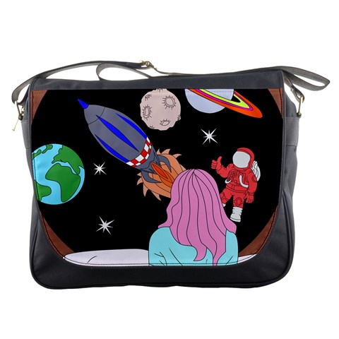 Girl Bed Space Planets Spaceship Rocket Astronaut Galaxy Universe Cosmos Woman Dream Imagination Bed Messenger Bag from UrbanLoad.com Front