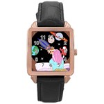 Girl Bed Space Planets Spaceship Rocket Astronaut Galaxy Universe Cosmos Woman Dream Imagination Bed Rose Gold Leather Watch 