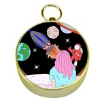 Girl Bed Space Planets Spaceship Rocket Astronaut Galaxy Universe Cosmos Woman Dream Imagination Bed Gold Compasses