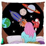 Girl Bed Space Planets Spaceship Rocket Astronaut Galaxy Universe Cosmos Woman Dream Imagination Bed Standard Premium Plush Fleece Cushion Case (Two Sides)