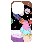 Girl Bed Space Planets Spaceship Rocket Astronaut Galaxy Universe Cosmos Woman Dream Imagination Bed iPhone 14 Pro Black UV Print Case