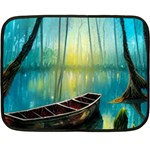 Swamp Bayou Rowboat Sunset Landscape Lake Water Moss Trees Logs Nature Scene Boat Twilight Quiet Fleece Blanket (Mini)