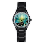 Swamp Bayou Rowboat Sunset Landscape Lake Water Moss Trees Logs Nature Scene Boat Twilight Quiet Stainless Steel Round Watch