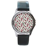 Roses Flowers Leaves Pattern Scrapbook Paper Floral Background Round Metal Watch