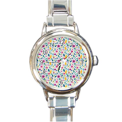 Background Pattern Leaves Pink Flowers Spring Yellow Leaves Round Italian Charm Watch from UrbanLoad.com Front