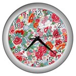 Flower Bloom Blossom Botanical Color Colorful Colour Element Digital Floral Floral Pattern Wall Clock (Silver)