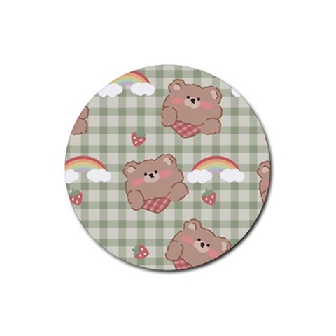 Bear Cartoon Pattern Strawberry Rainbow Nature Animal Cute Design Rubber Round Coaster (4 pack) from UrbanLoad.com Front