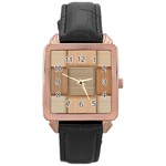 Wooden Wickerwork Texture Square Pattern Rose Gold Leather Watch 