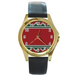 Christmas Pattern, Fabric Texture, Knitted Red Background Round Gold Metal Watch