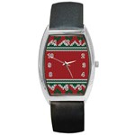 Christmas Pattern, Fabric Texture, Knitted Red Background Barrel Style Metal Watch