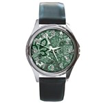 Green Ornament Texture, Green Flowers Retro Background Round Metal Watch