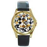Pattern Tile Squares Triangles Seamless Geometry Round Gold Metal Watch