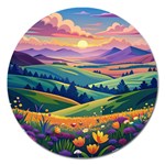 Field Valley Nature Meadows Flowers Dawn Landscape Magnet 5  (Round)