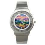 Field Valley Nature Meadows Flowers Dawn Landscape Stainless Steel Watch