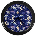 Night Moon Seamless Background Stars Sky Clouds Texture Pattern Wall Clock (Black)