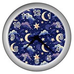 Night Moon Seamless Background Stars Sky Clouds Texture Pattern Wall Clock (Silver)