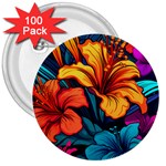 Hibiscus Flowers Colorful Vibrant Tropical Garden Bright Saturated Nature 3  Buttons (100 pack) 