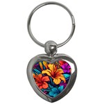 Hibiscus Flowers Colorful Vibrant Tropical Garden Bright Saturated Nature Key Chain (Heart)