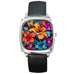 Hibiscus Flowers Colorful Vibrant Tropical Garden Bright Saturated Nature Square Metal Watch