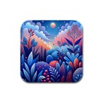 Nature Night Bushes Flowers Leaves Clouds Landscape Berries Story Fantasy Wallpaper Background Sampl Rubber Square Coaster (4 pack)