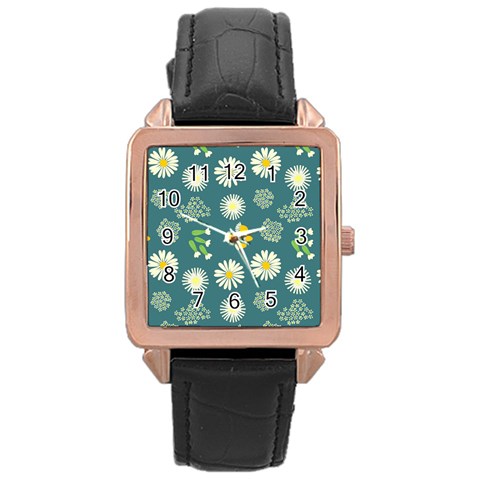 Drawing Flowers Meadow White Rose Gold Leather Watch  from UrbanLoad.com Front